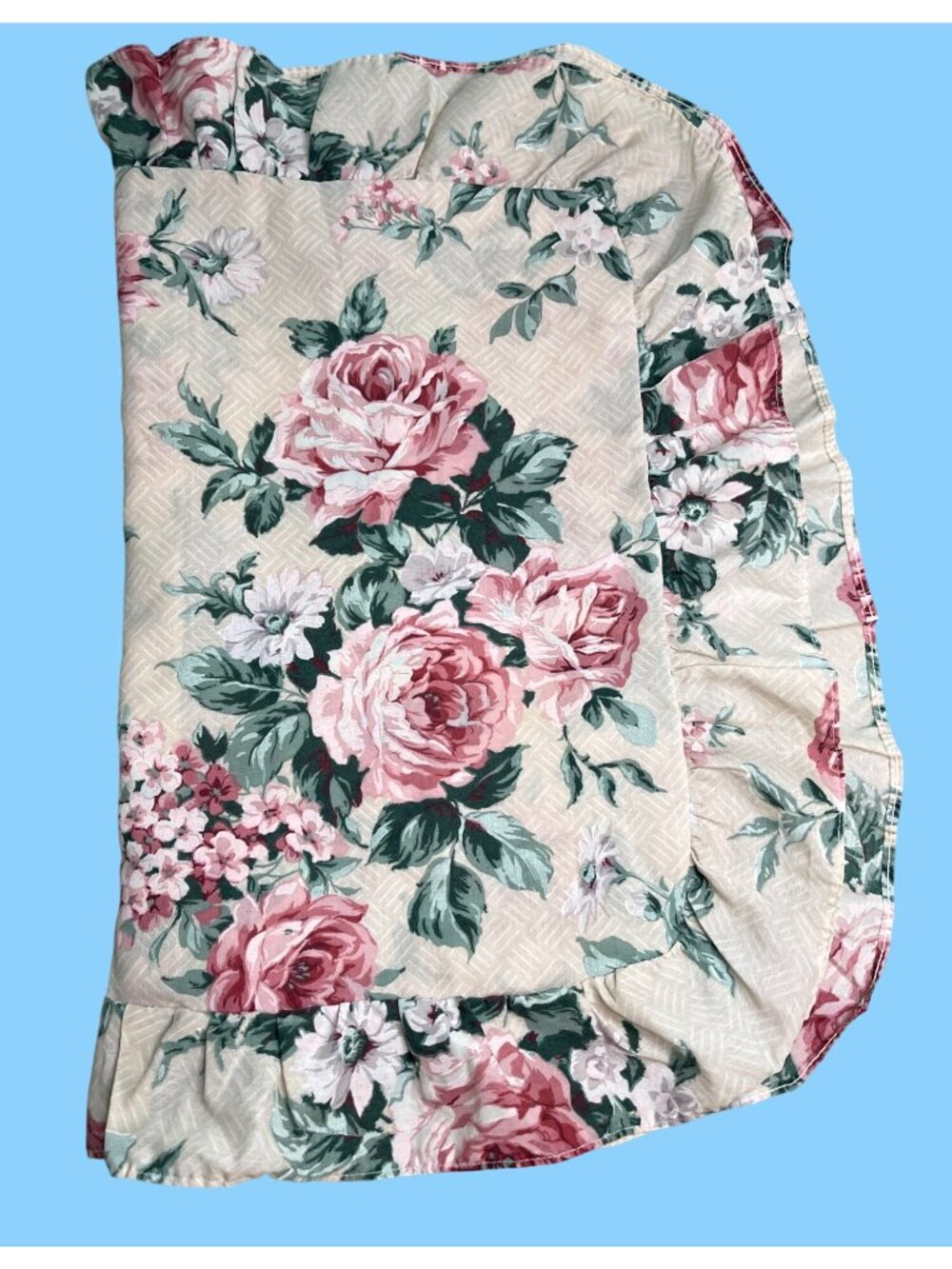 VTG Shabby Chic Cottagecore Floral Ruffled Pillow Sham Pink Cabbage Rose Flower - Picture 7 of 8
